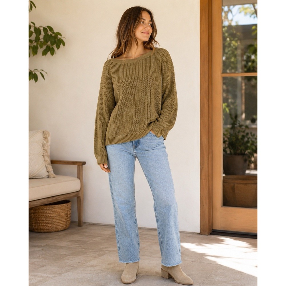 QUINCE Organic Cotton Fisherman Sweater L Herb Green Boatneck Oversize Chunky